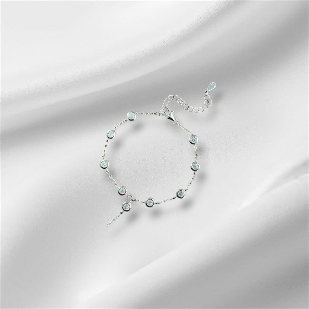 Bee-Bees 3mm moissanite bubble bracelet in 925 sterling silver with adjustable chain and 18k white gold plating.