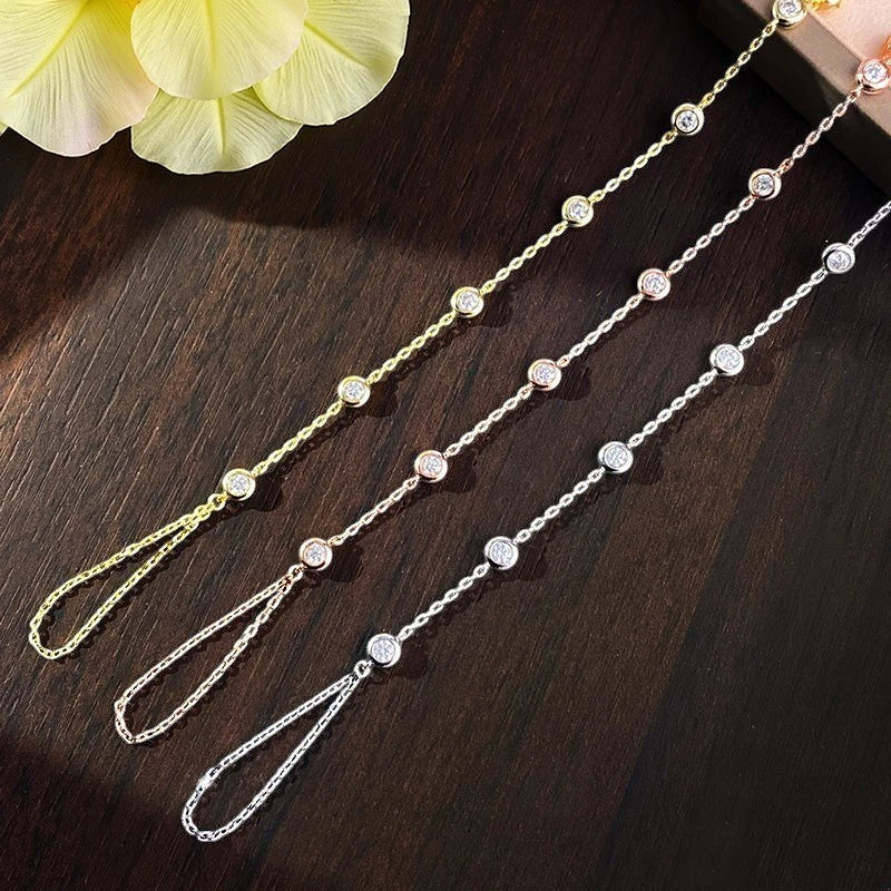 Bee-Bees 3mm moissanite bubble bracelet in 925 silver with adjustable chain, available in yellow, rose, and white gold plating.