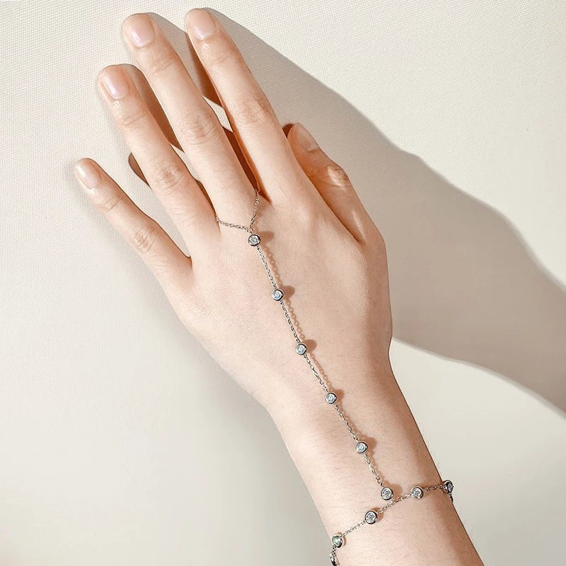 Bee-Bees 3mm moissanite bubble bracelet in 925 sterling silver with 18k gold plating, featuring a delicate adjustable chain with bezel-set stones.