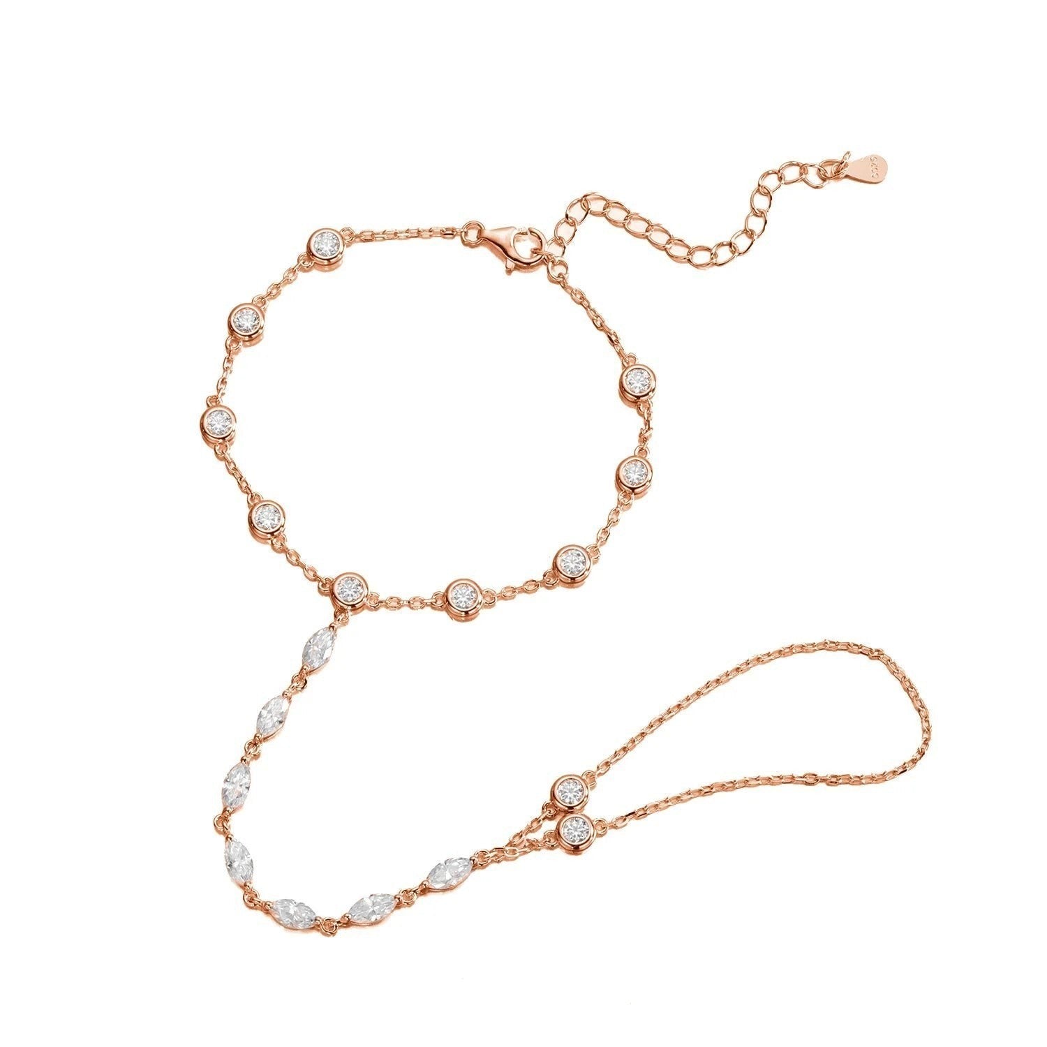 Bee-Bees 3.2ct Moissanite bubble bracelet with marquise stones, adjustable rose gold plated sterling silver.