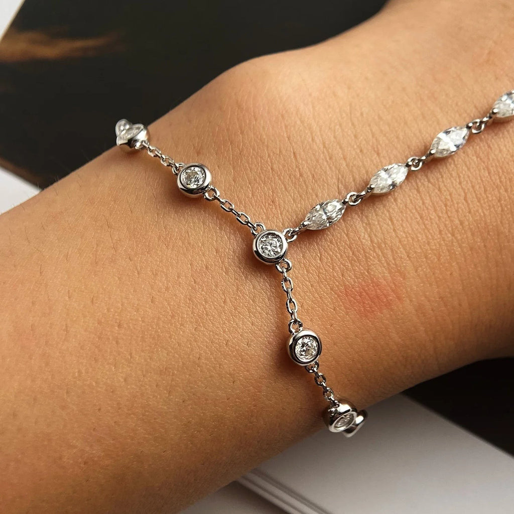 Bee-Bees 3.2ct Moissanite bubble bracelet with marquise and round stones on adjustable S925 silver chain.