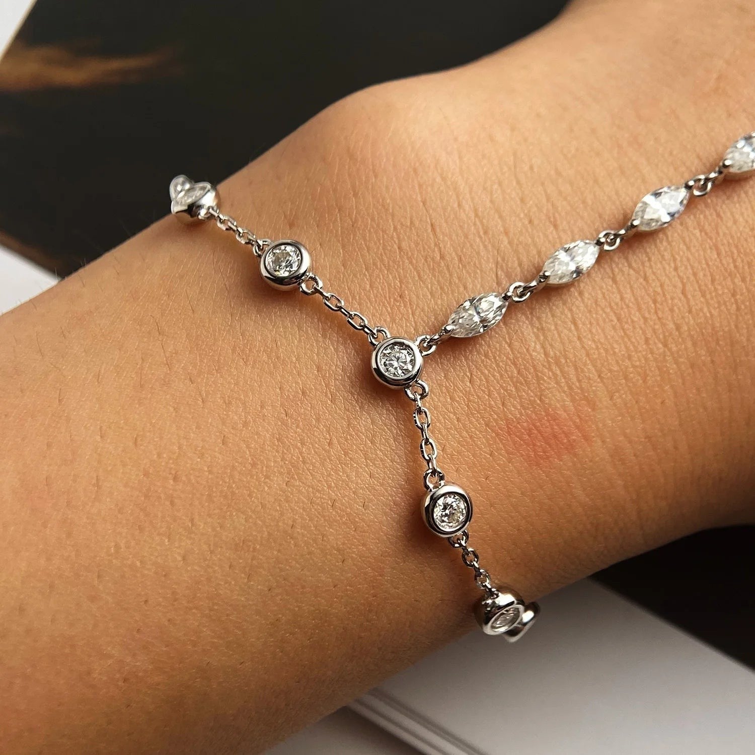Bee-Bees 3.2ct Moissanite bubble bracelet with marquise and round stones on adjustable S925 silver chain.