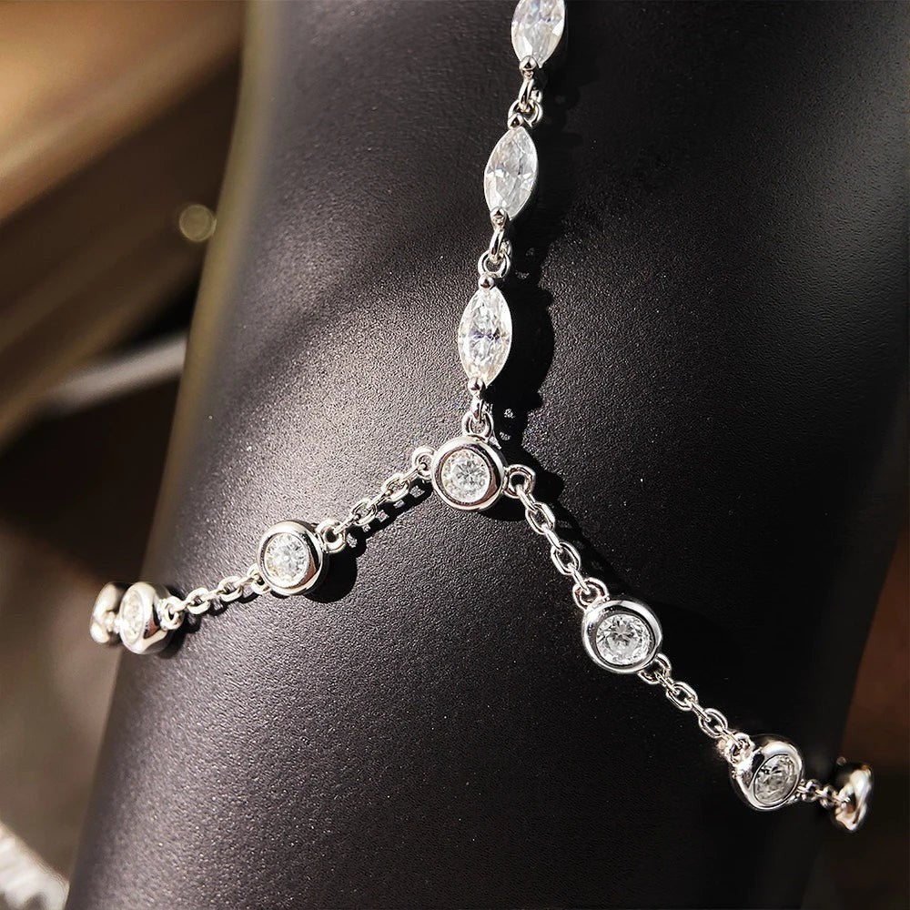 Bee-Bees 3.2ct Moissanite bubble bracelet with marquise and round stones in sterling silver with 18k gold plating.