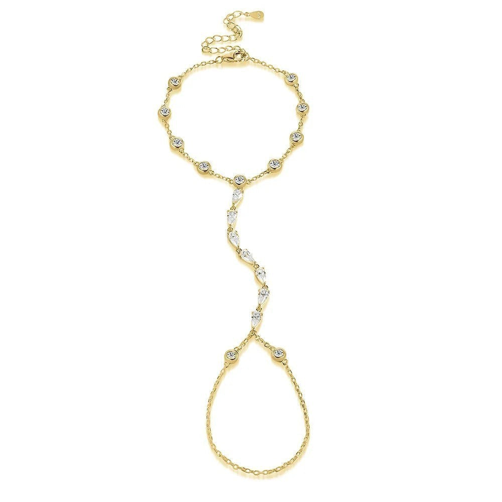 Bee-Bees 3mm Moissanite bubble hand chain bracelet with pear cut stones, 925 silver with 18k gold plating.