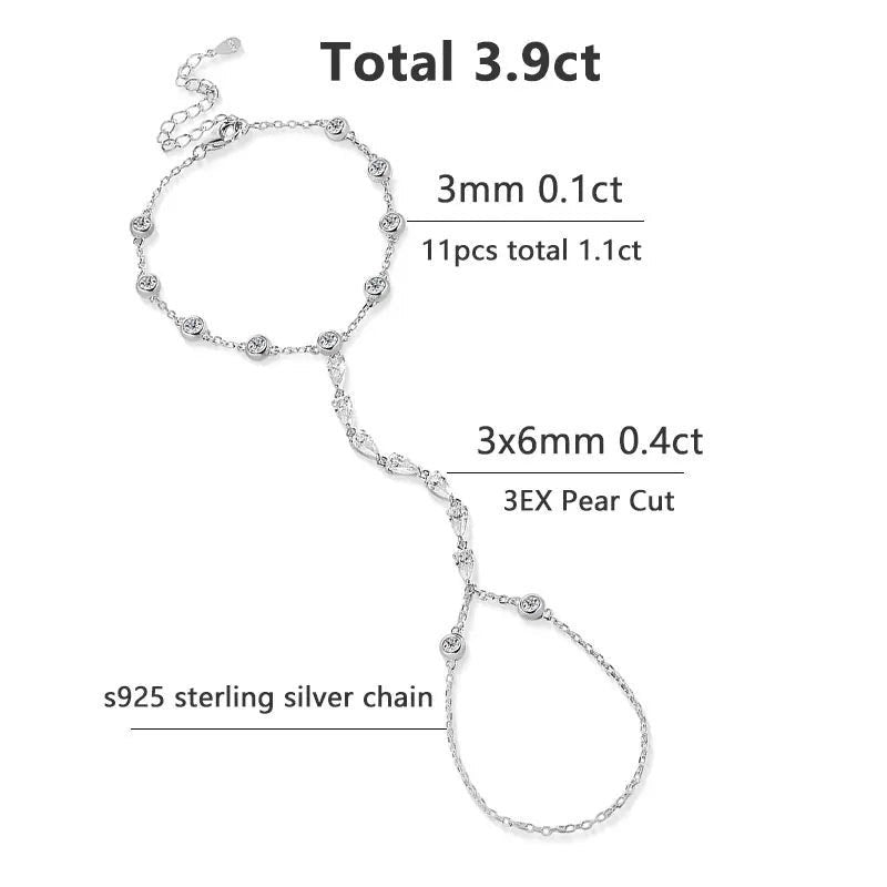 Bee-Bees 925 sterling silver hand chain bracelet with 3mm round and 3x6mm pear-cut moissanite stones, adjustable chain.