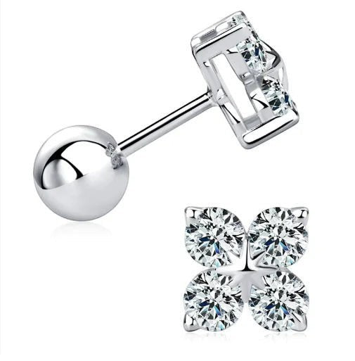 Bee-Bee's 3mm D Color Moissanite Clover Hoop Earrings in sterling silver with 18k white gold plating.