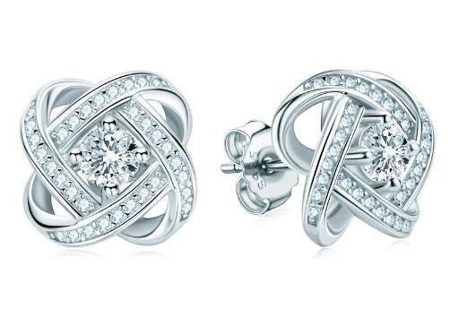 Bee-Bee's sterling silver hoop earrings with 3mm D-Color Moissanite stones in a clover design.