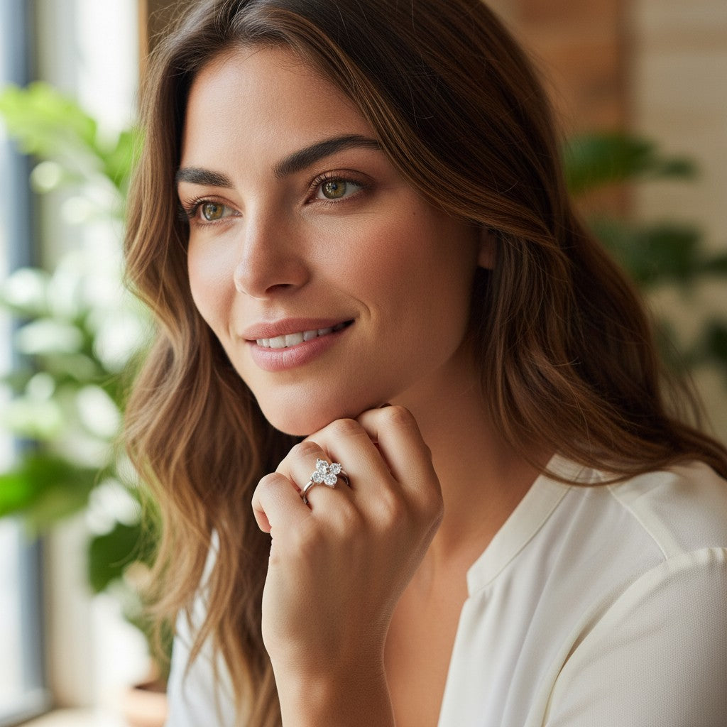 Bee-Bees D color moissanite four-leaf clover ring in 925 sterling silver worn by a woman with a soft smile