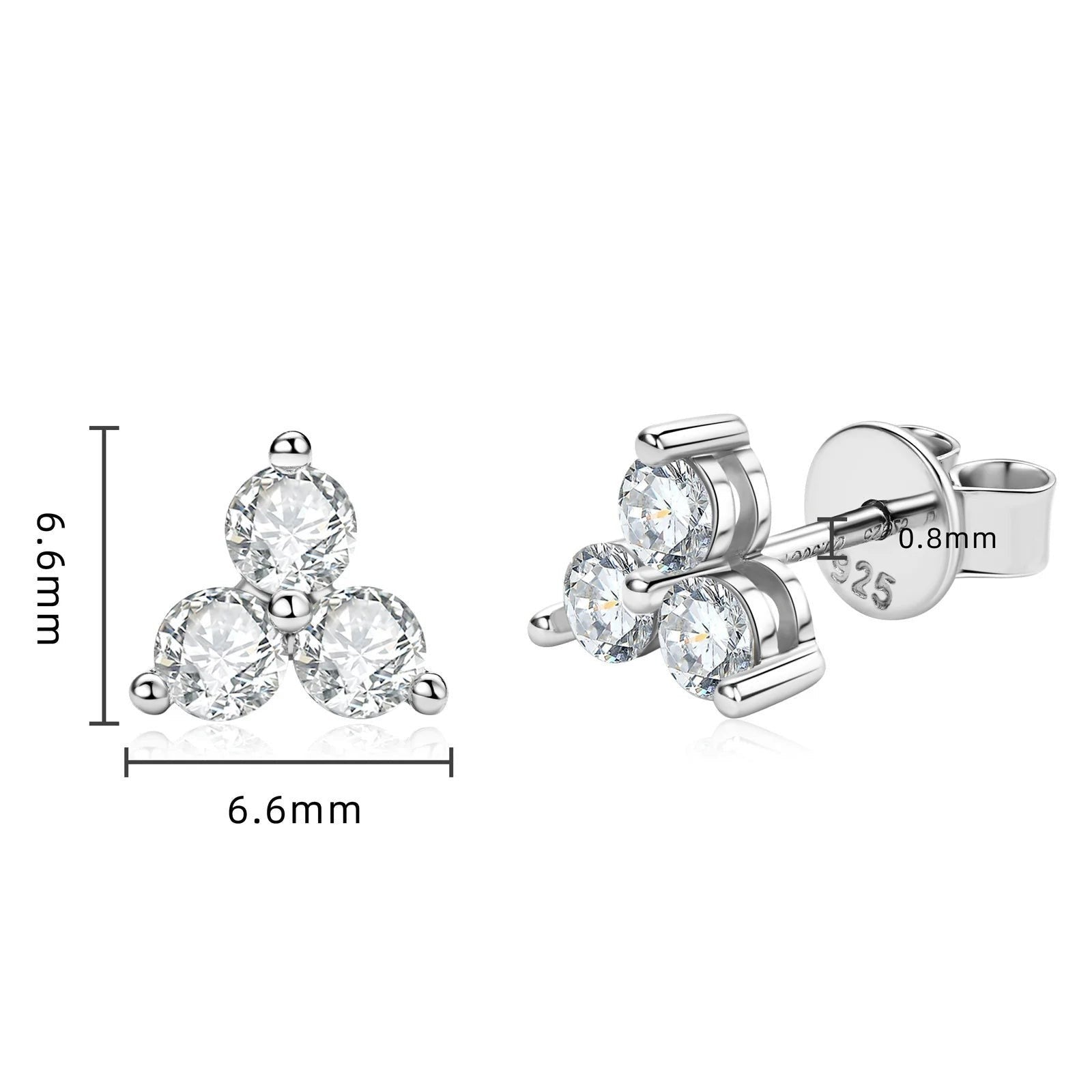 Bee-Bee's 3mm D Color Moissanite Clover Stud Earrings in 925 Sterling Silver with 18k White Gold plating.