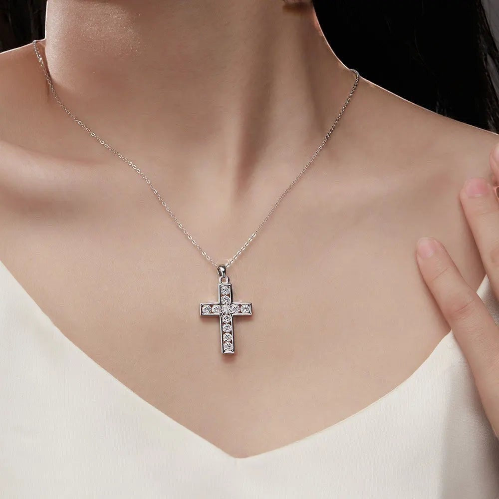 Bee-Bees 2.2ctw moissanite cross pendant necklace with 3.5mm stones in 925 sterling silver with white gold plating.