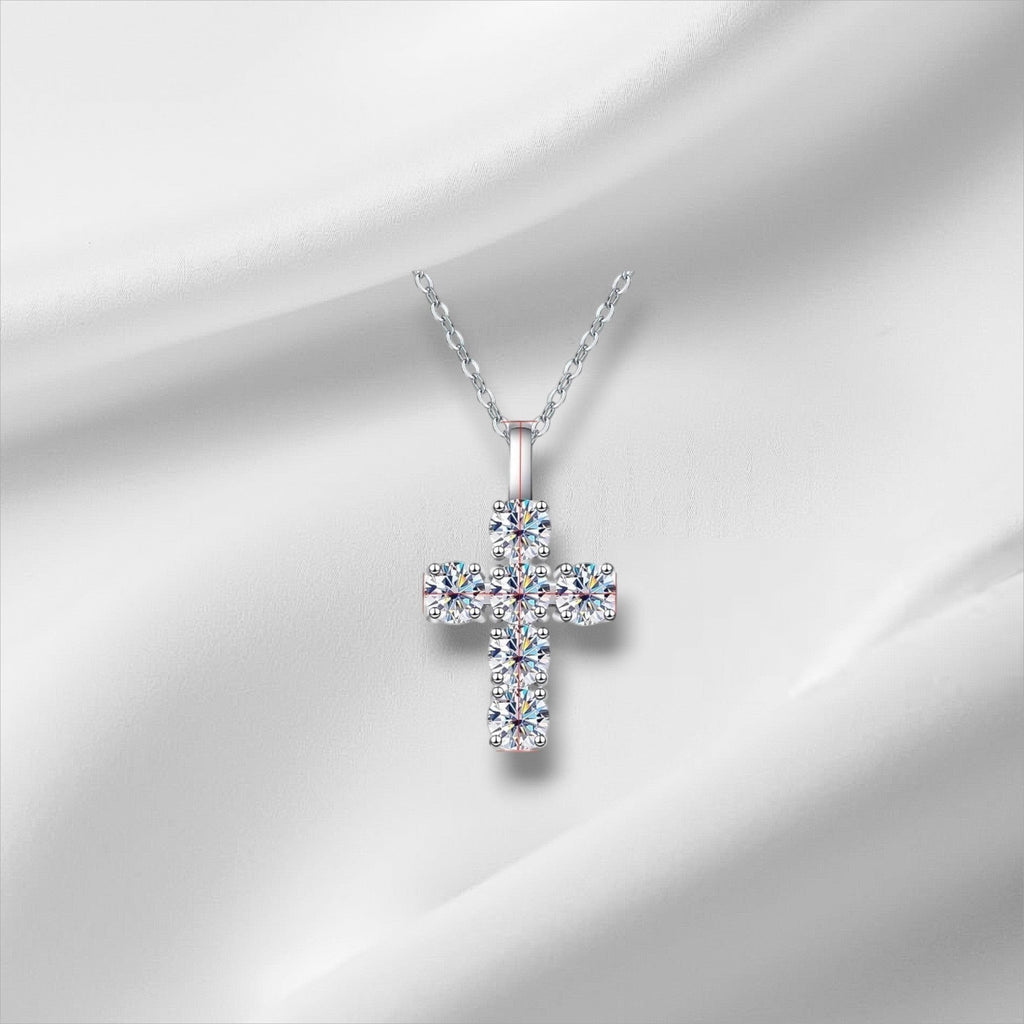 Bee-Bees 3ct Moissanite cross pendant necklace with D Color VVS1 stones on S925 sterling silver chain.