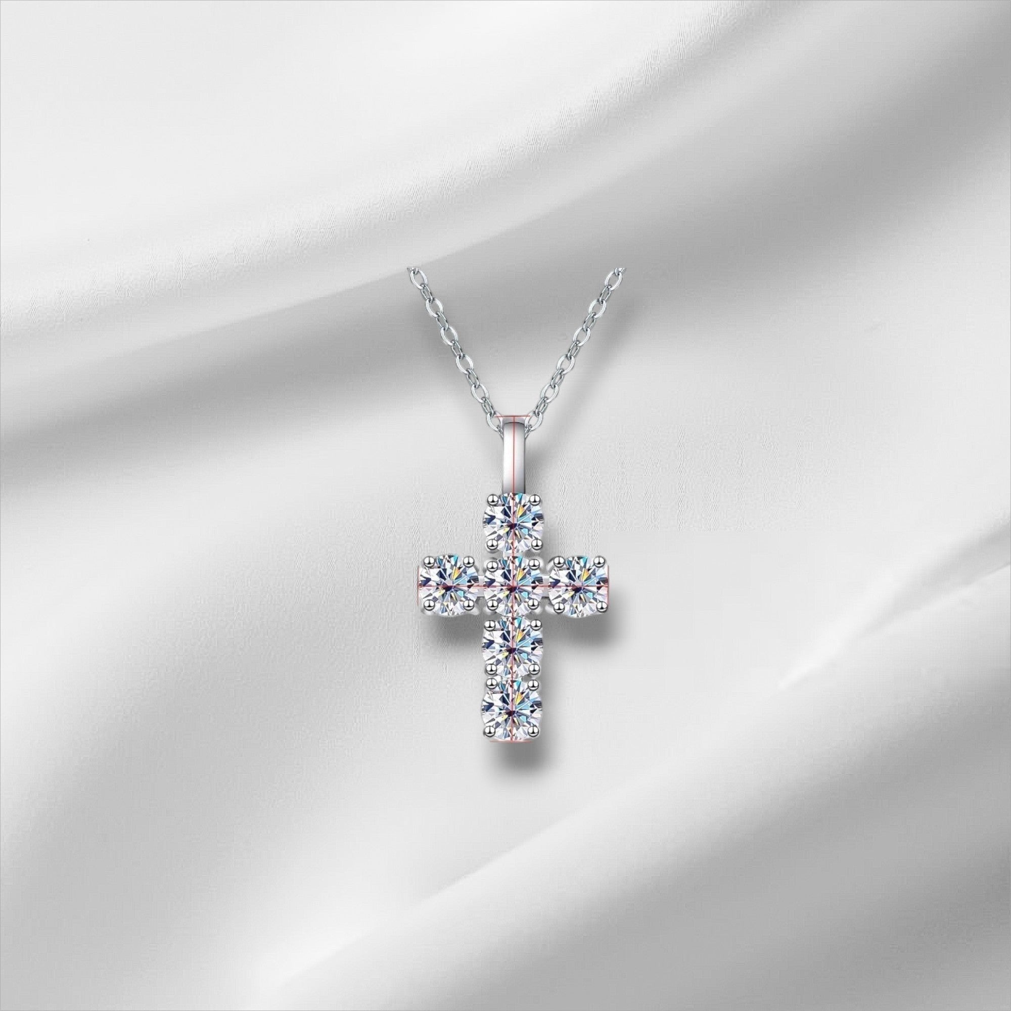 Bee-Bees 3ct Moissanite cross pendant necklace with D Color VVS1 stones on S925 sterling silver chain.