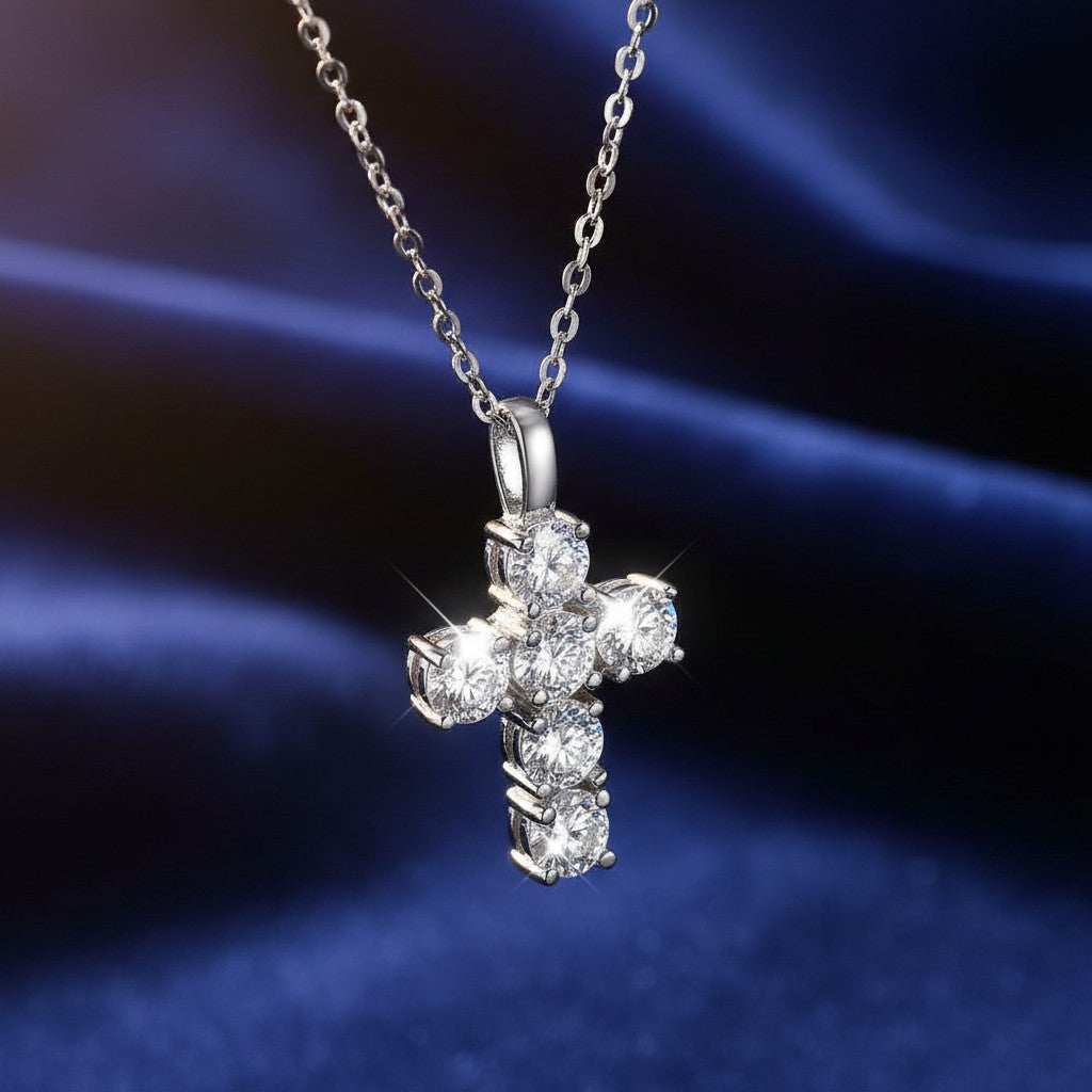 Bee-Bee's 3ct Moissanite cross pendant necklace, D color, VVS1 clarity, S925 sterling silver with 18k white gold plating.