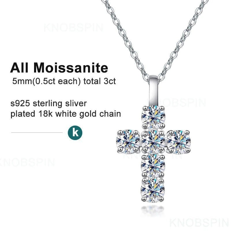 Bee-Bees 3ct Moissanite cross pendant necklace, D color, VVS1 clarity, S925 sterling silver with 18k white gold plating.