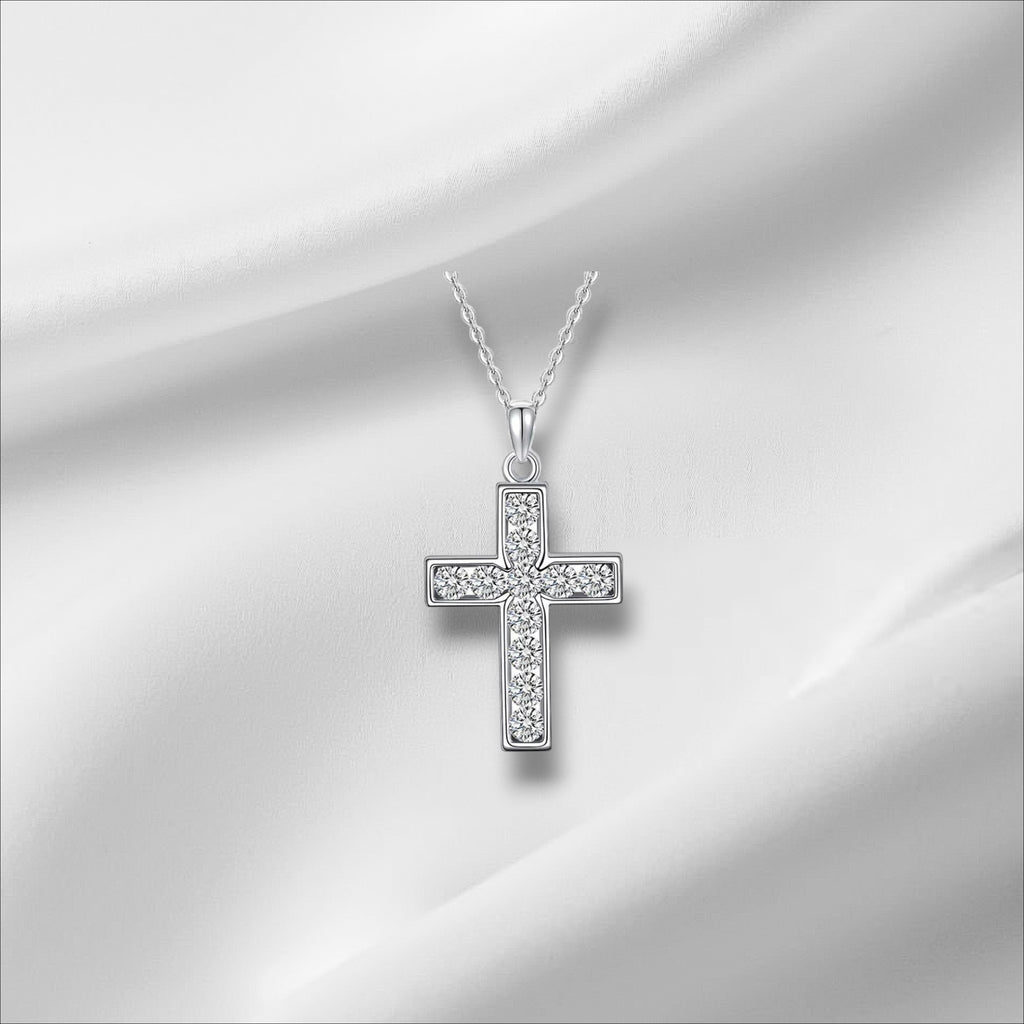 Bee-Bees 2.2ct Moissanite cross pendant necklace in 925 sterling silver with 18k white gold plating. Features 11 D Color VVS1 stones.
