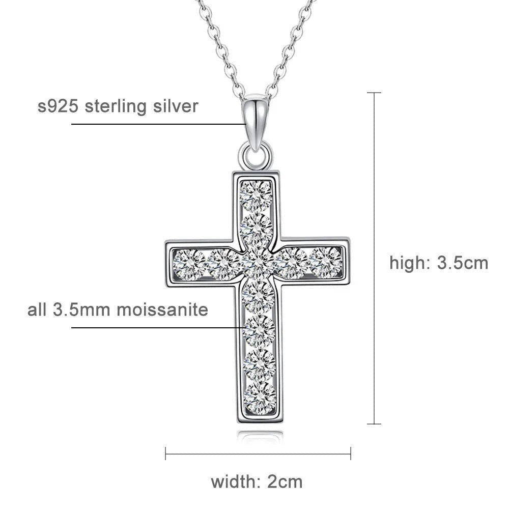 Bee-Bees 2.2ct Moissanite cross pendant necklace in 925 sterling silver with 3.5mm stones, D color, VVS1 clarity.
