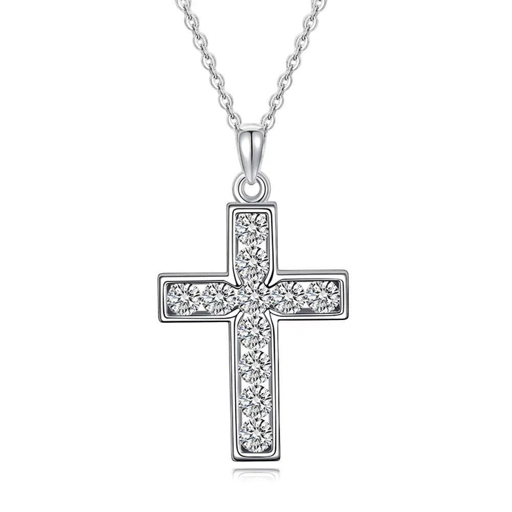Bee-Bees 2.2ct Moissanite Cross Pendant, 3.5mm D Color VVS1 stones, 925 Sterling Silver with white gold plating.