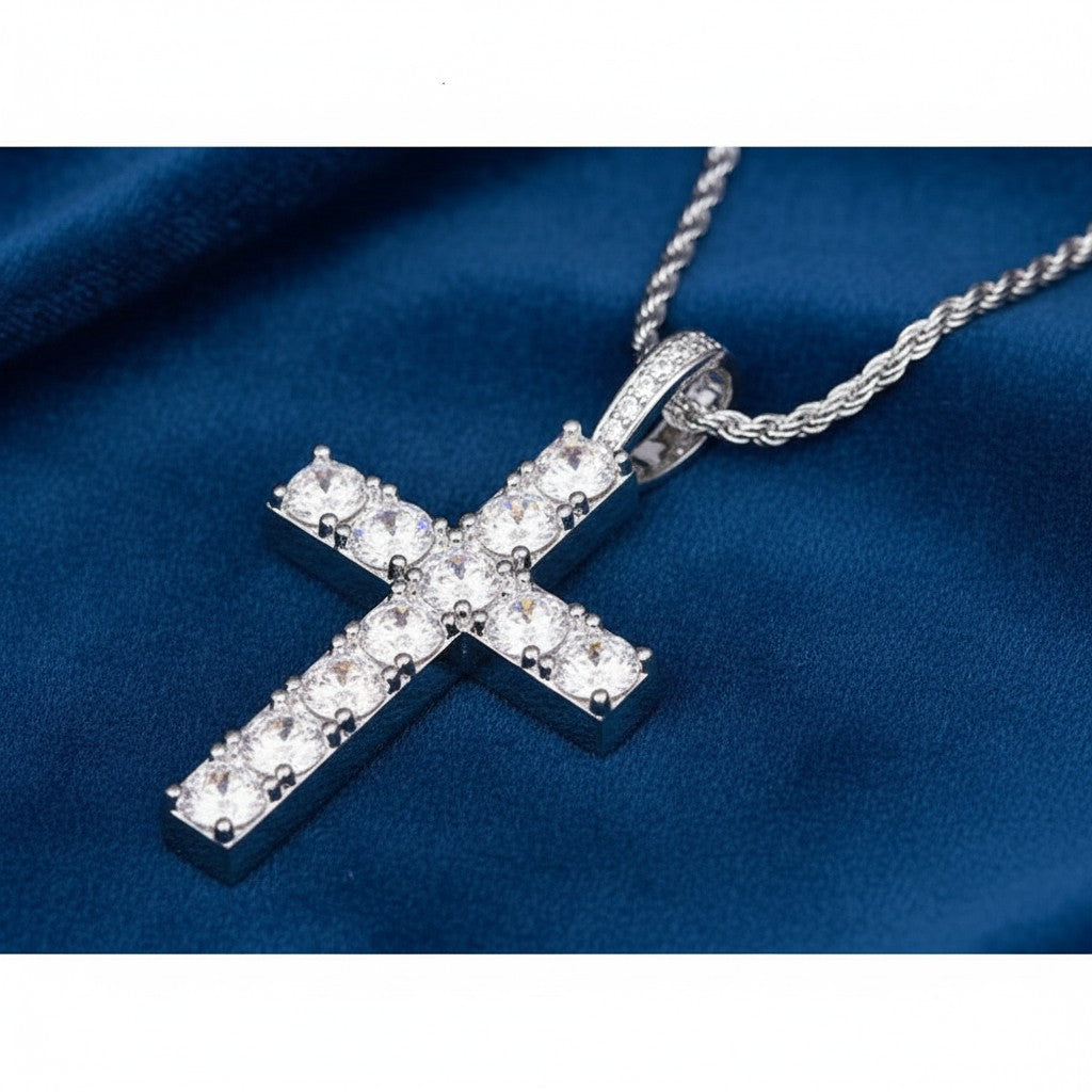 Bee-Bees 5.5ct Moissanite cross necklace in S925 sterling silver with a rope chain. Features D-Color VVS1 clarity stones.