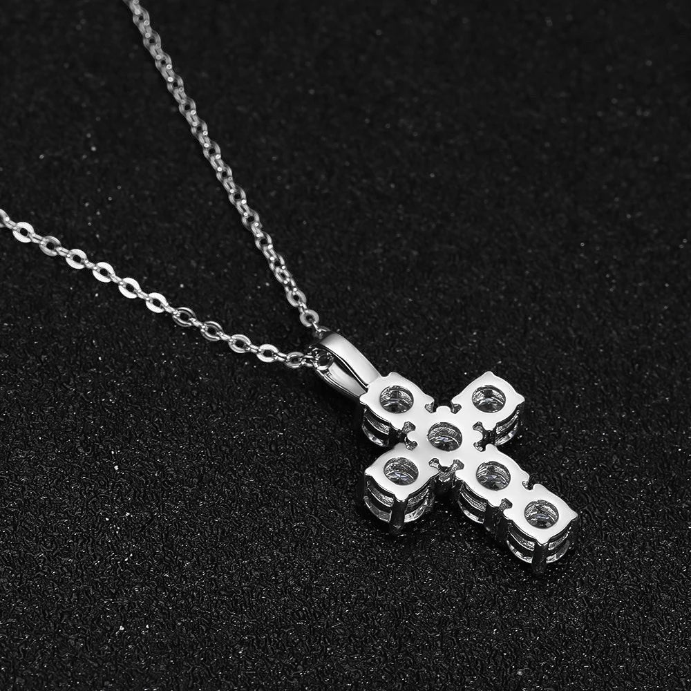 Bee-Bee's 3ct Moissanite cross pendant necklace with D Color VVS1 stones, S925 sterling silver with 18k white gold plating.
