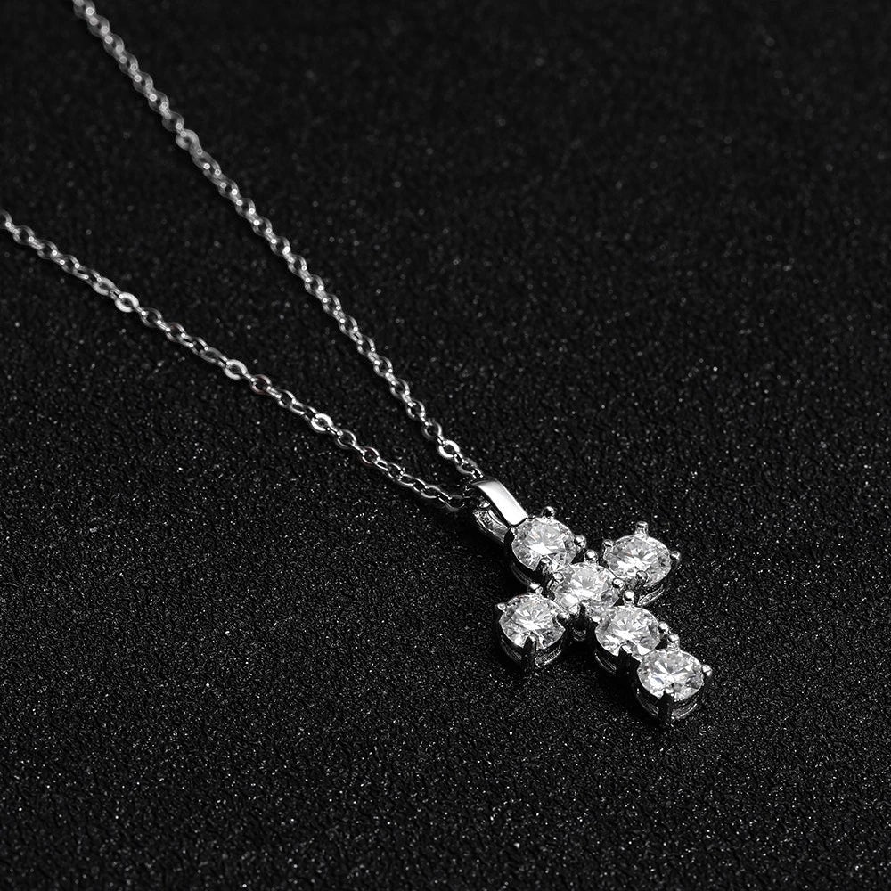 Bee-Bee's 3ct Moissanite cross pendant necklace with D Color VVS1 stones on a S925 sterling silver chain.