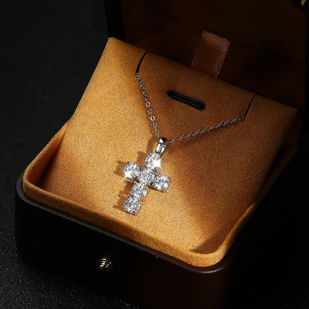 Bee-Bees 3ct Moissanite cross pendant necklace with D Color VVS1 stones on S925 sterling silver chain.