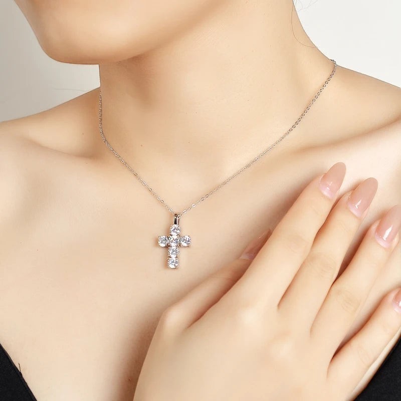 Bee-Bee's 3ct Moissanite cross pendant necklace with D Color VVS1 stones on S925 sterling silver chain.