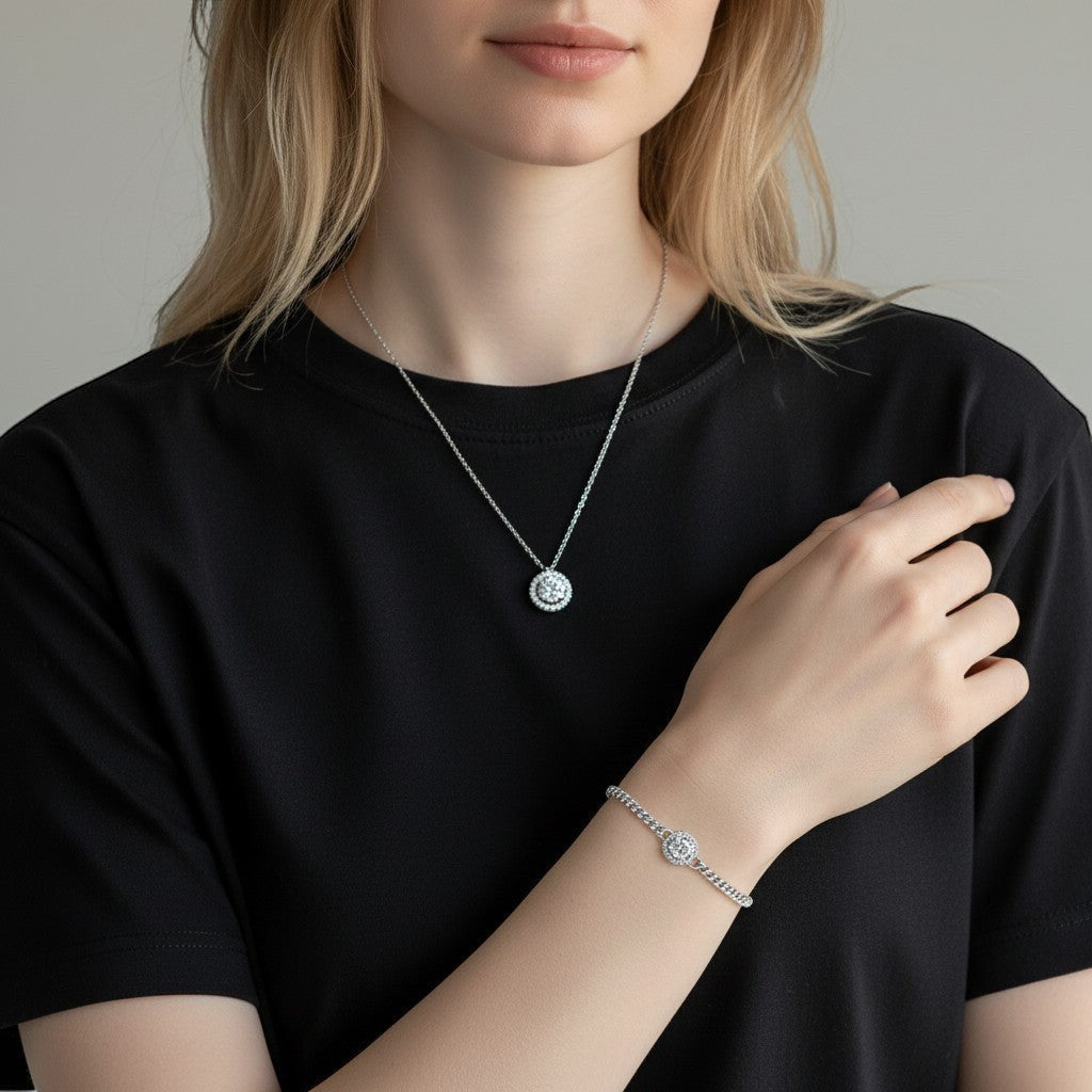 Bee-Bees Moissanite Cuban Link Bracelet in s925 Sterling Silver with 18k White Gold plating, featuring round brilliant cut stones.