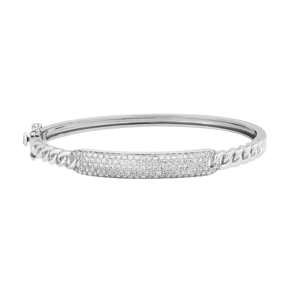 Bee-Bees 925 sterling silver Cuban link bangle featuring a central bar paved with sparkling D color VVS1 moissanite.