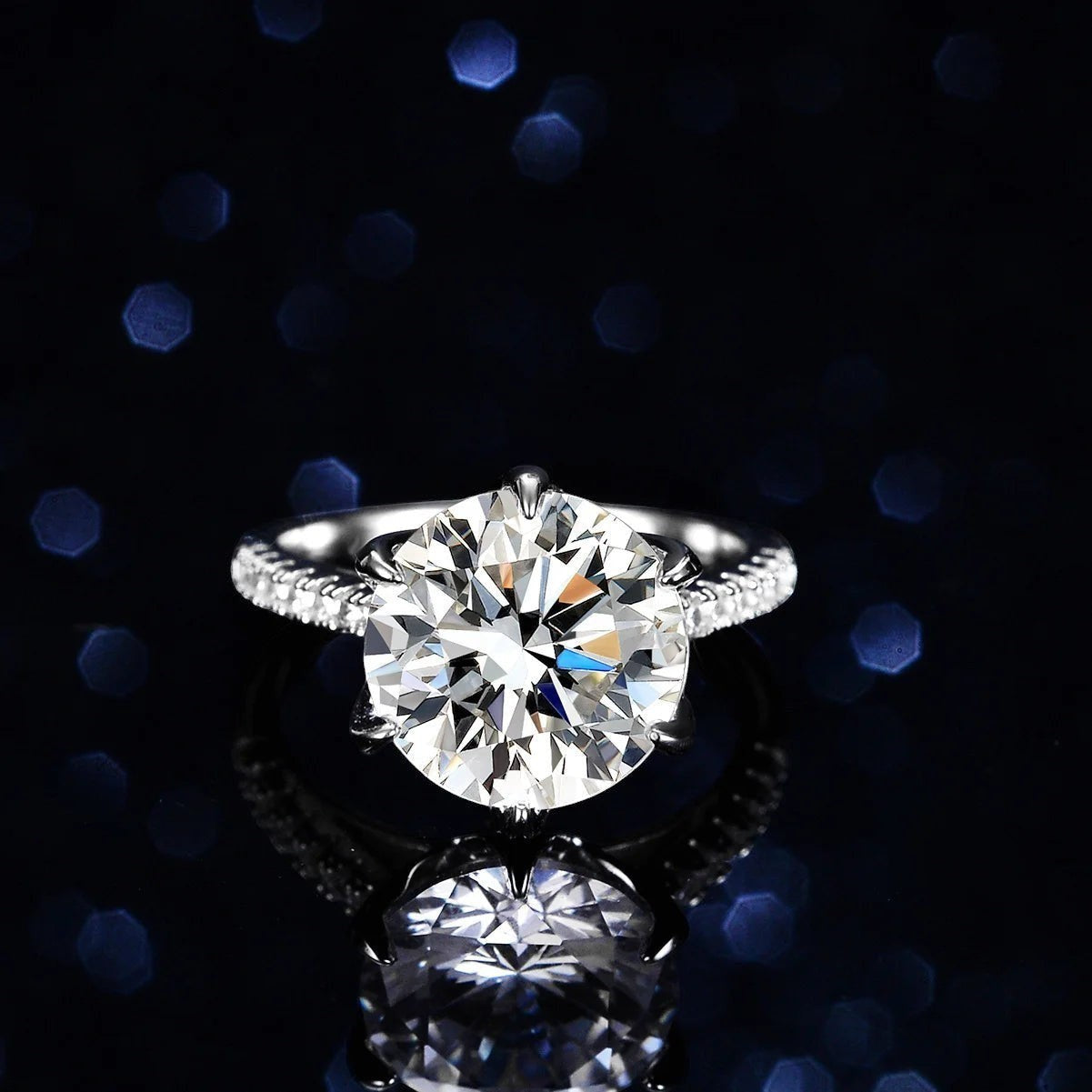 Bee-Bees 5ct Moissanite diamond engagement ring with 18K white gold plating on sterling silver band, GRA certified.