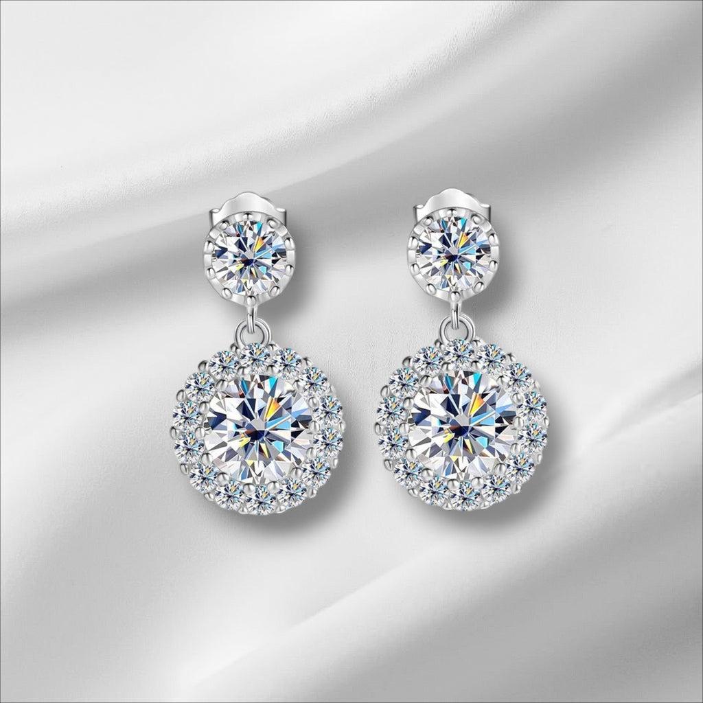 Bee-Bees 1ct round cut moissanite drop earrings with halo setting, S925 silver, GRA certified.