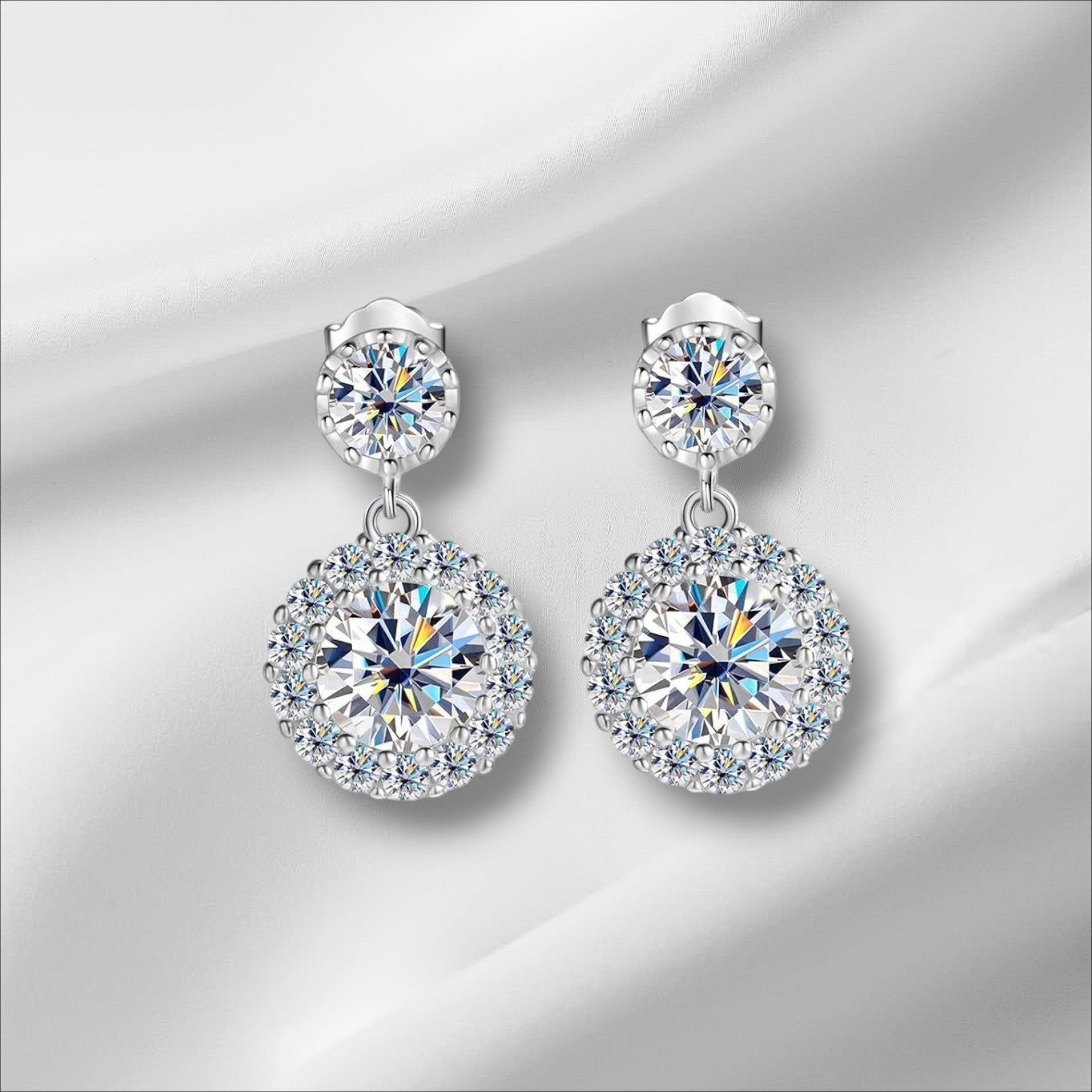 Bee-Bees 1ct round cut moissanite drop earrings with halo setting, S925 silver, GRA certified.