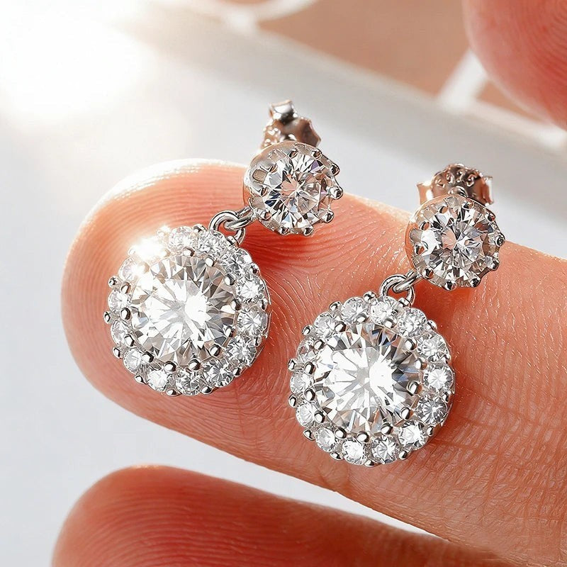 Bee-Bees 1ct round cut moissanite drop earrings with halo setting, S925 silver, GRA certified.