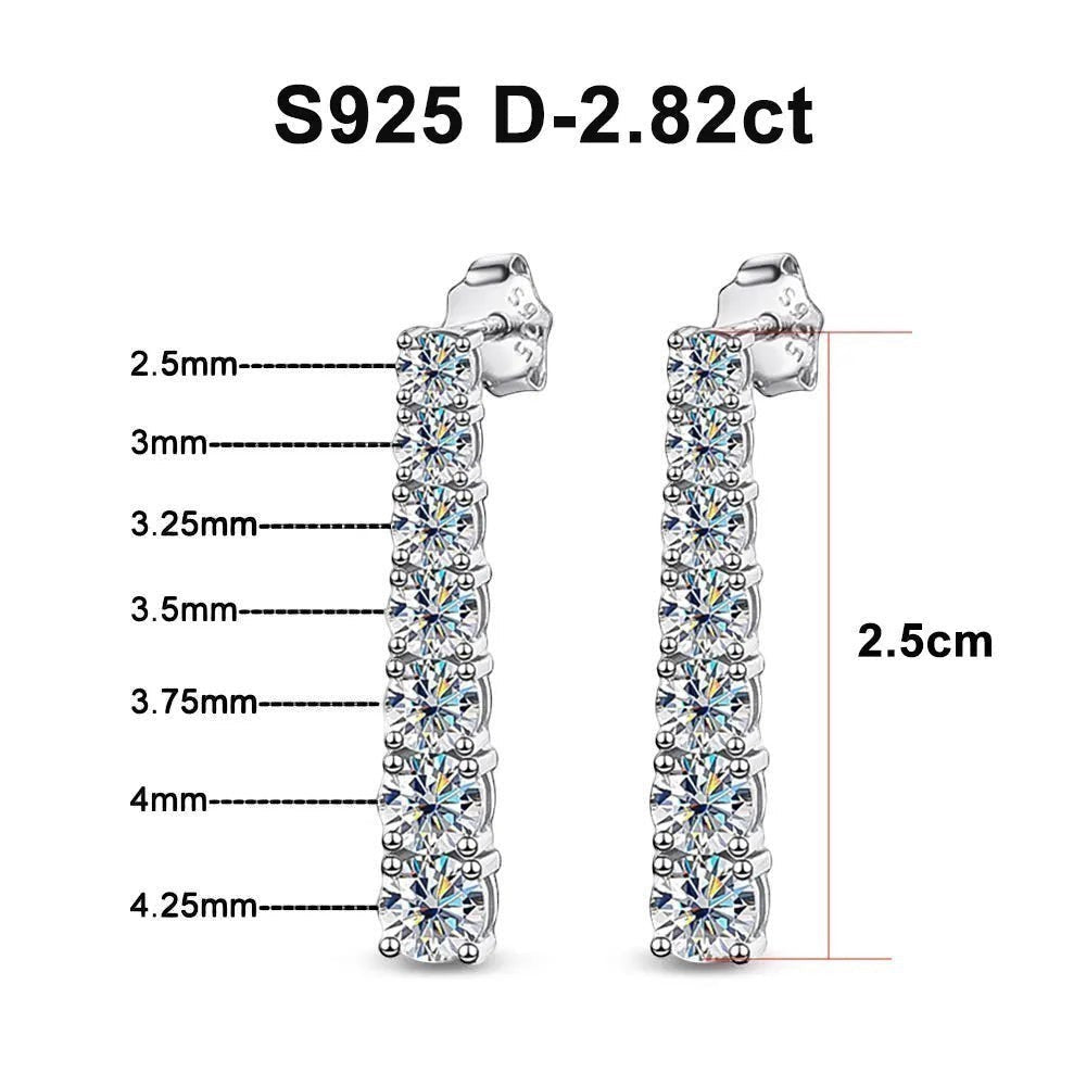 Bee-Bee's S925 Sterling Silver 2.5cm drop earrings with 14 D VVS1 Moissanite stones, 18K white gold plated.