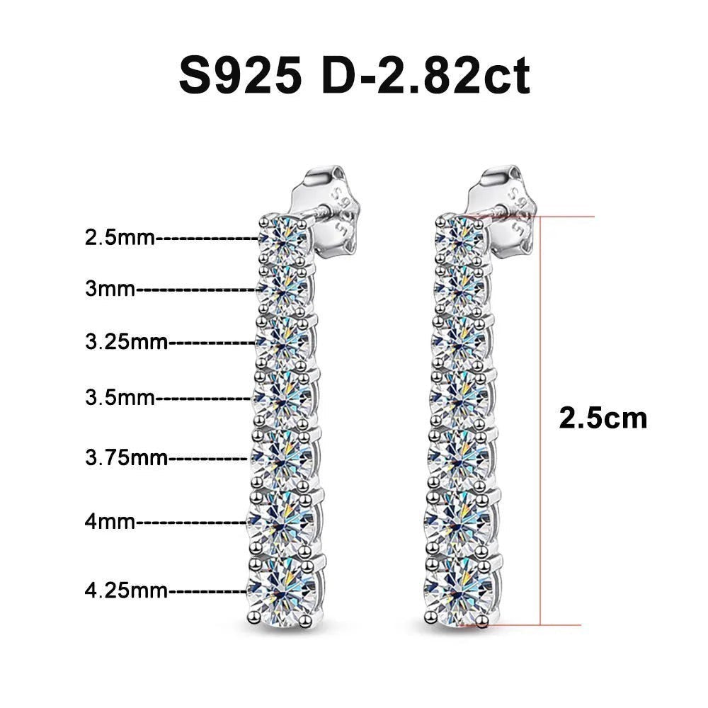 Bee-Bee's S925 Sterling Silver 2.5cm drop earrings with 14 D VVS1 Moissanite stones, 18K white gold plated.