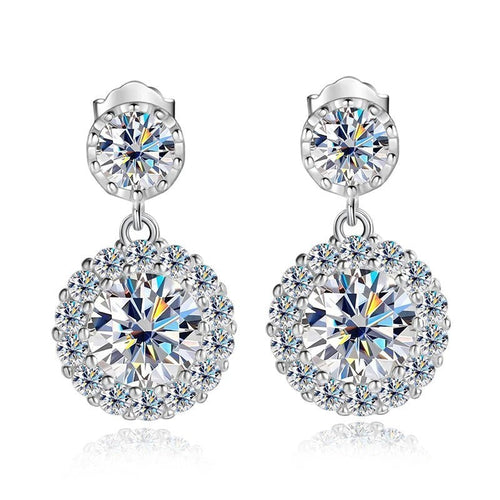 Bee-Bees 1ct round cut moissanite drop earrings with halo setting in S925 silver, GRA certified.
