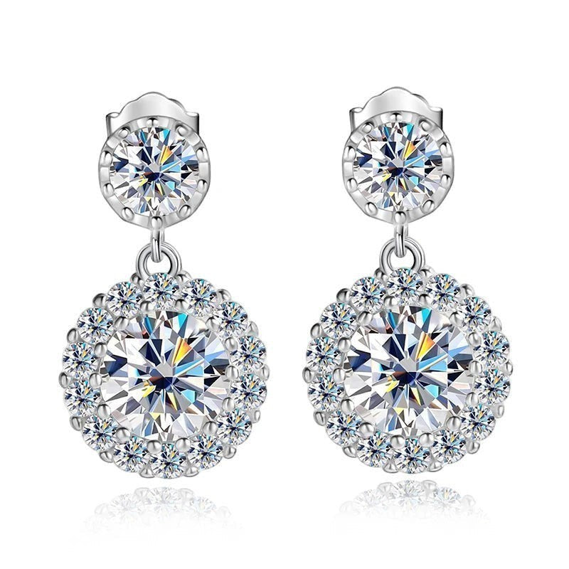 Bee-Bees 1ct round cut moissanite drop earrings with halo setting in S925 silver, GRA certified.