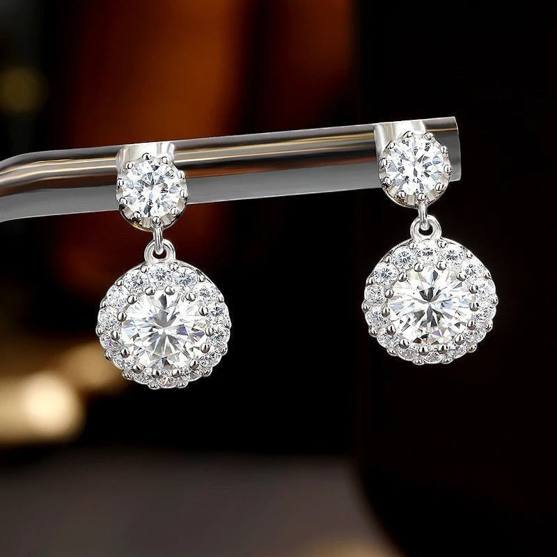 Bee-Bees 1ct round cut moissanite drop earrings with halo setting in S925 silver, GRA certified.