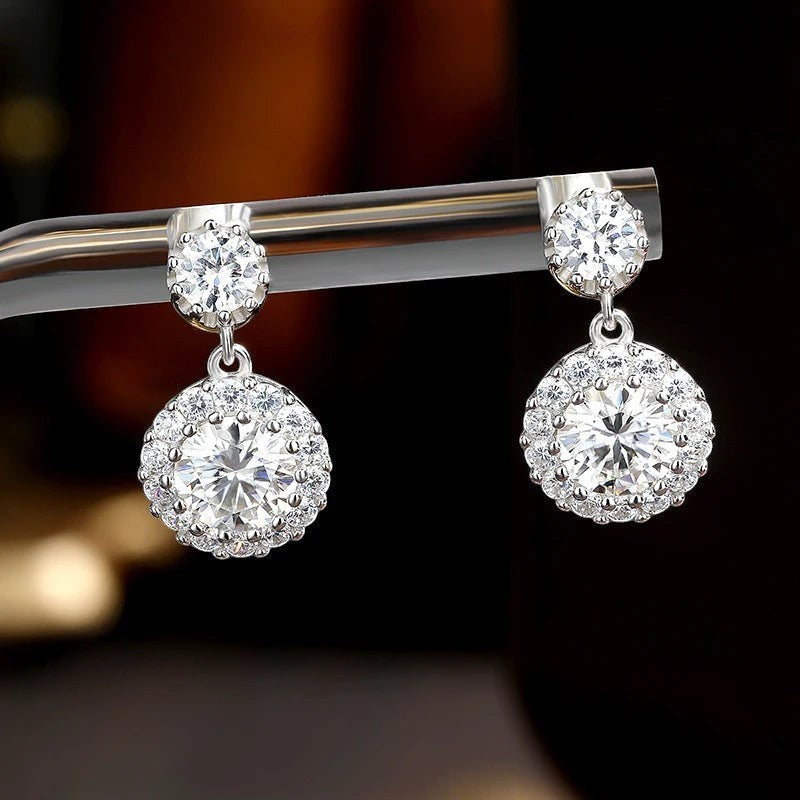 Bee-Bees 1ct round cut moissanite drop earrings with halo setting in S925 silver, GRA certified.
