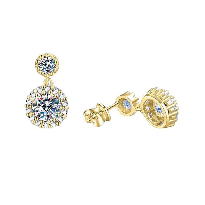 Bee-Bees 1ct round cut moissanite drop earrings in 18k yellow gold plating with S925 silver. GRA certified.