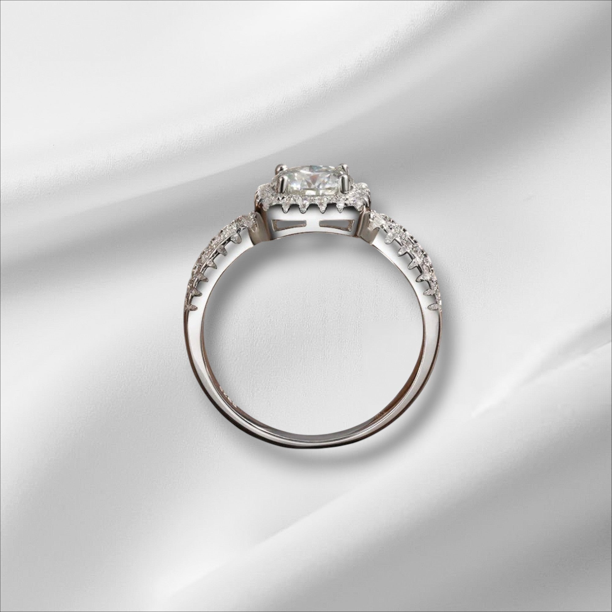 Bee-Bees 1ct D VVS1 Moissanite engagement ring in 18k white gold plated 925 silver with halo setting.