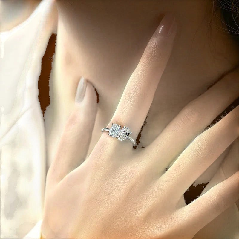 Bee-Bees 1ct/2ct Moissanite engagement ring with two emerald-cut stones in S925 silver, D VVS1 clarity.