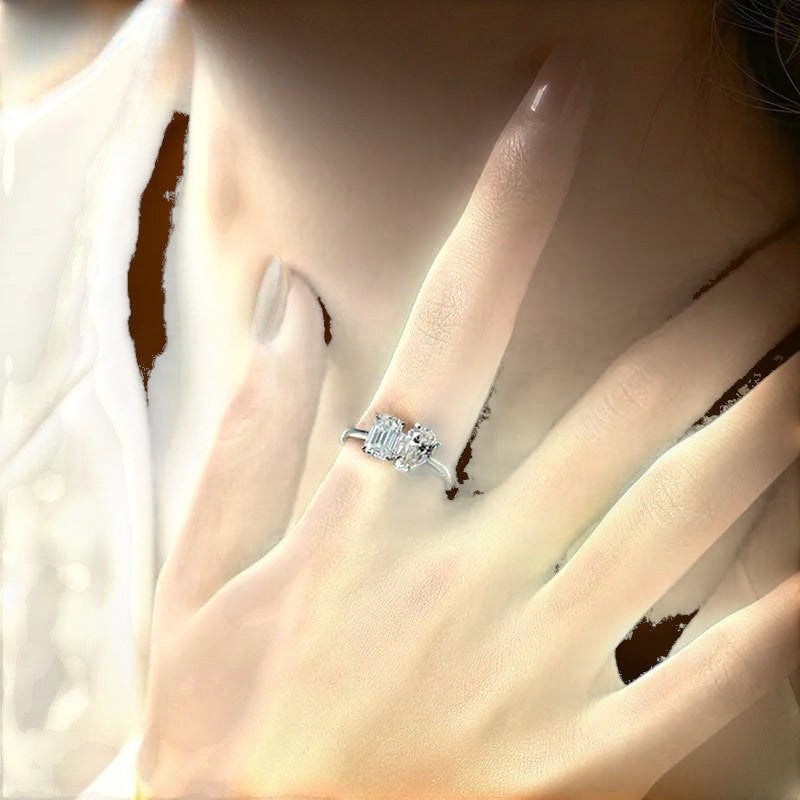 Bee-Bees 1ct/2ct Moissanite engagement ring with two emerald-cut stones in S925 silver, D VVS1 clarity.