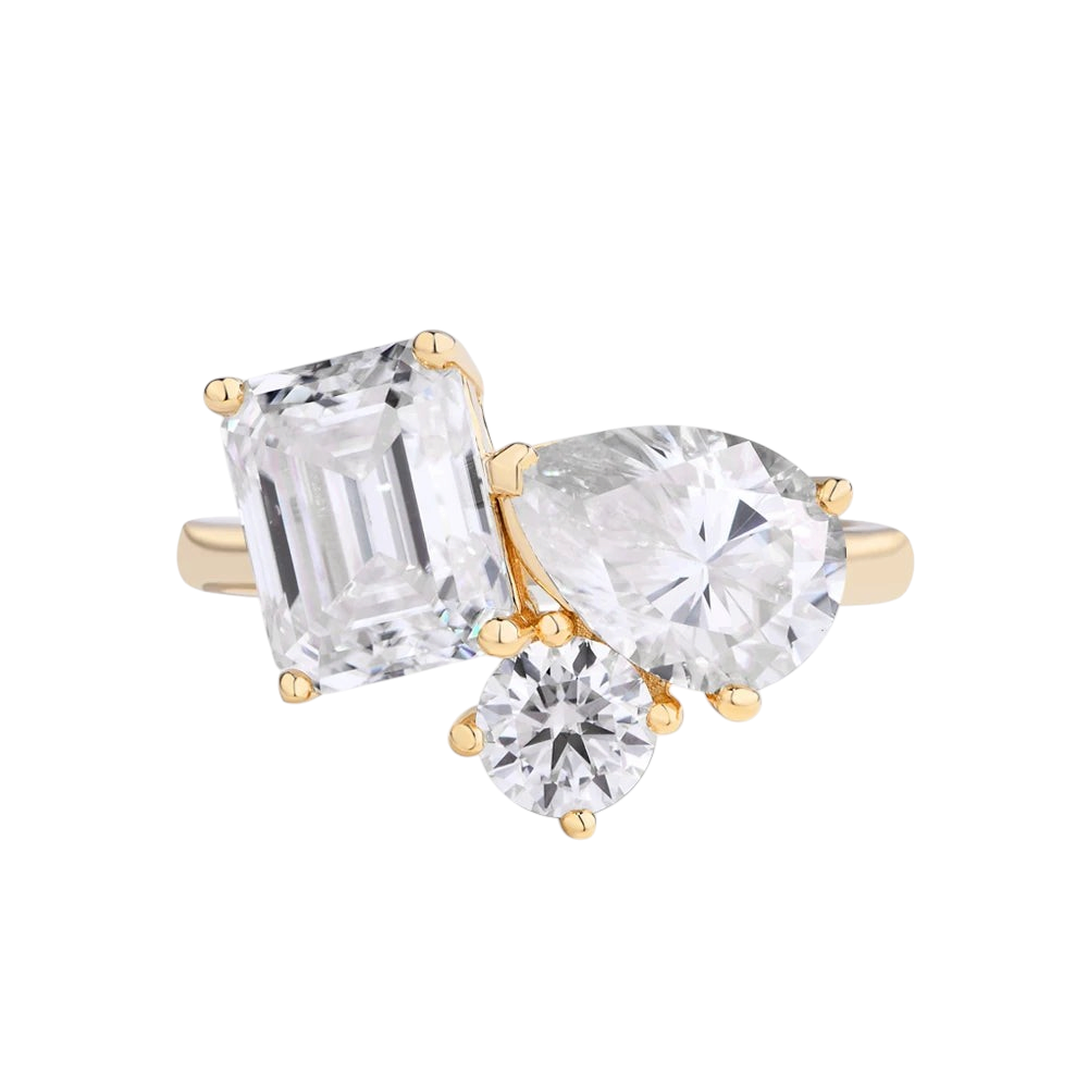 Bee-Bees 5.5CT moissanite engagement ring featuring emerald, pear, and round cut stones set in gold-plated 925 silver.