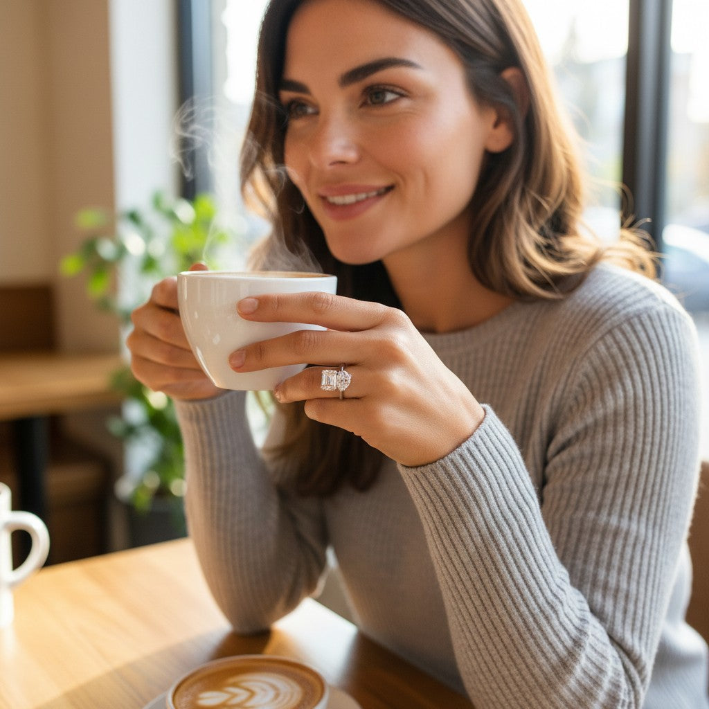 Bee-Bees moissanite engagement ring on a woman's finger as she holds a warm coffee cup in a cozy cafe setting.