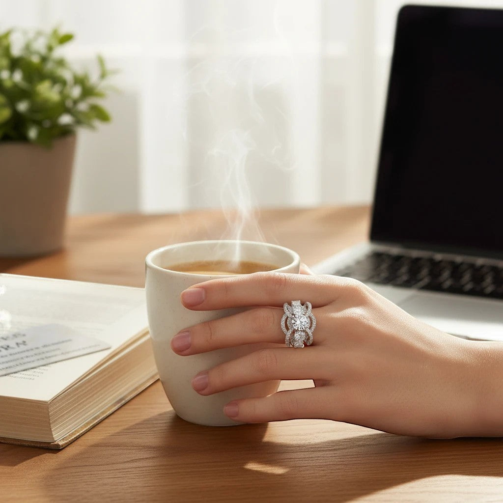 Bee-Bees 1CT round cut moissanite engagement ring in sterling silver worn on a hand holding a steaming coffee mug