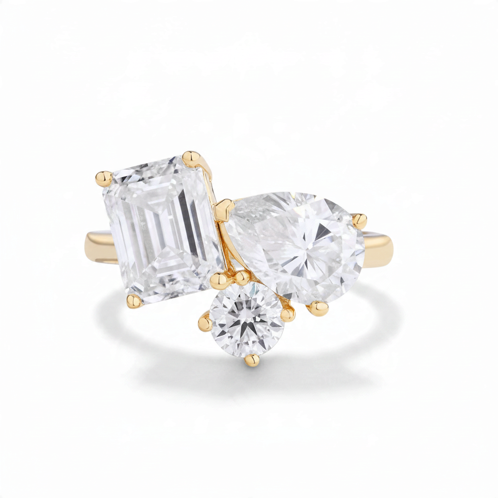 Bee-Bees 5.5CT moissanite engagement ring in 18K gold plated 925 silver featuring emerald and pear cut stones
