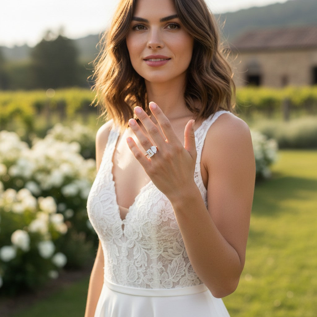 Bee-Bees moissanite engagement ring on a bride's finger, featuring a brilliant D color stone in a 4-prong setting.