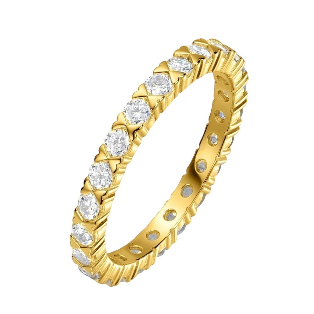 Bee-Bees 2.5mm Moissanite eternity band in 18k gold plated sterling silver with GRA certification.