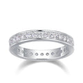Bee-Bee's Classic 2mm Moissanite Eternity Band Ring in Sterling Silver with 18k Gold Plating, D VVS1 certified.