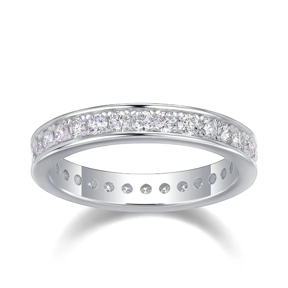 Bee-Bee's Classic 2mm Moissanite Eternity Band Ring in Sterling Silver with 18k Gold Plating, D VVS1 certified.